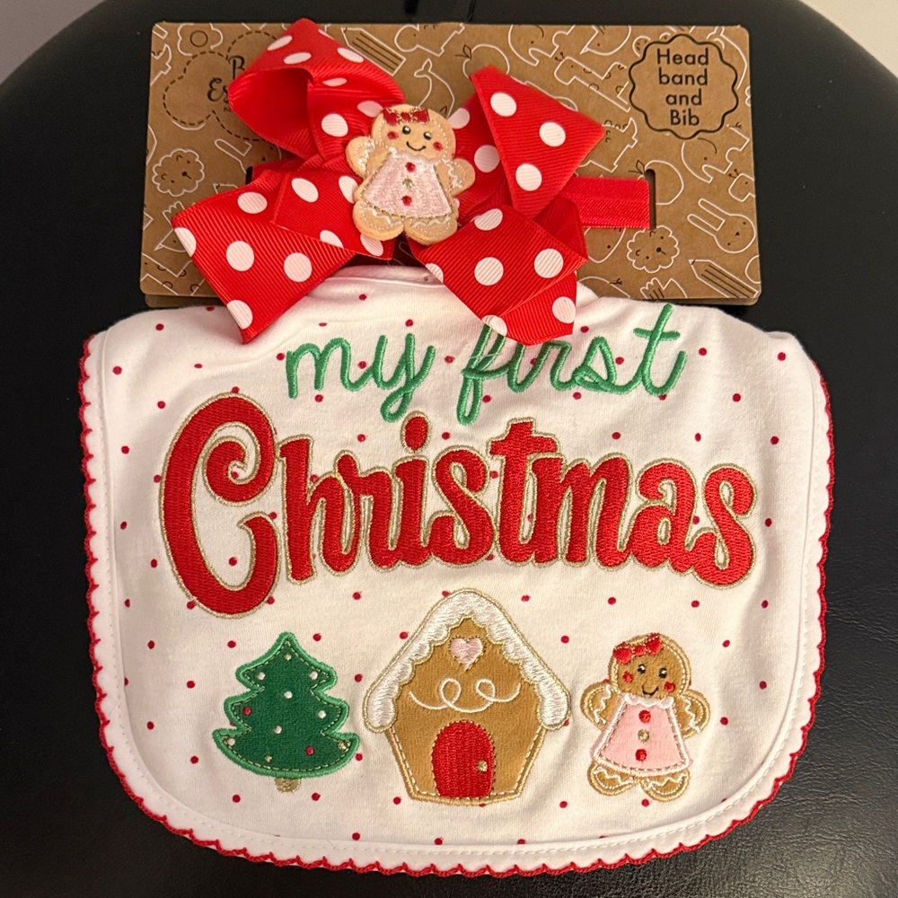Baby’s First Christmas Headband and Bib Set.  Brand new!